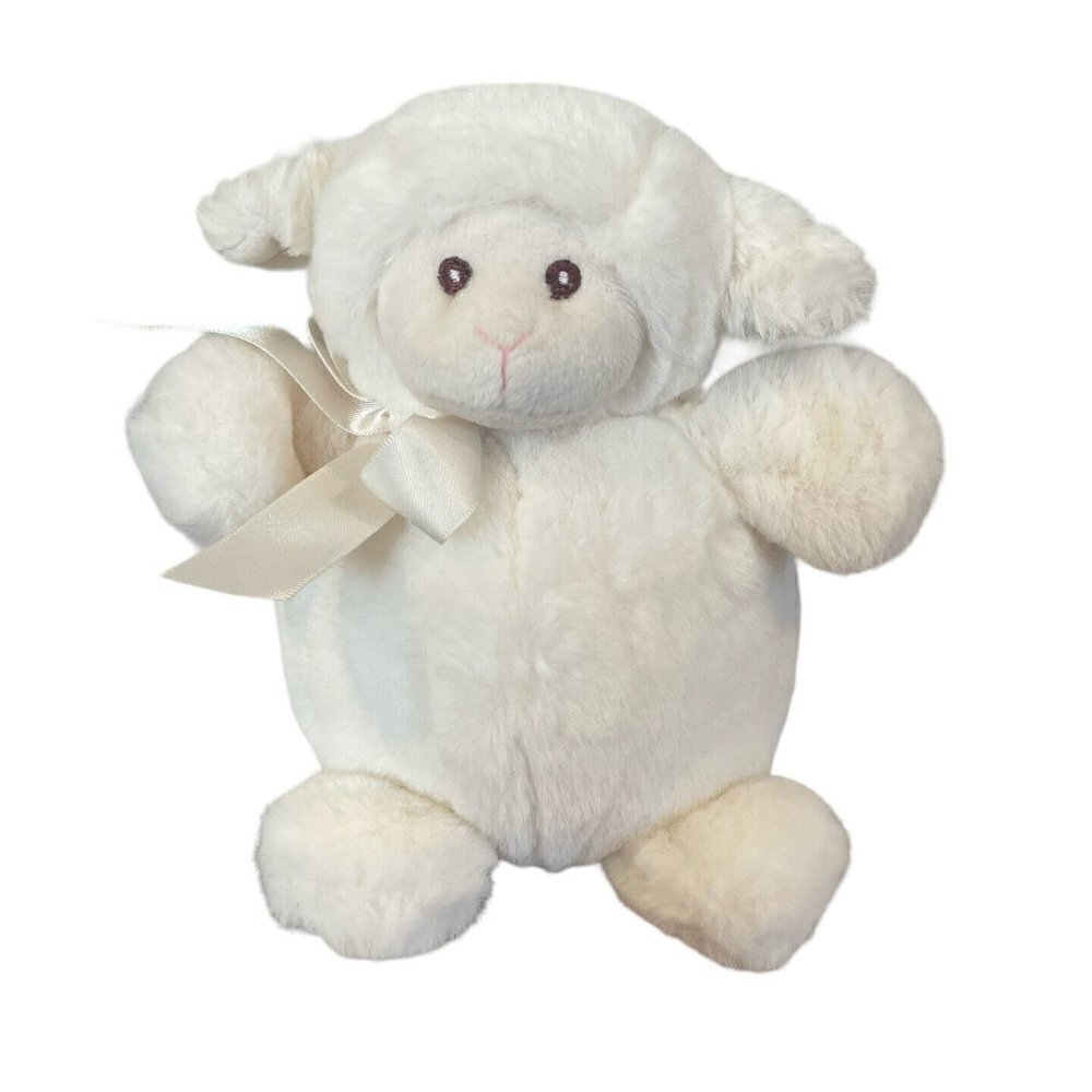 Bearington Baby Collection Lambykin Lamb white plush round cream satin bow